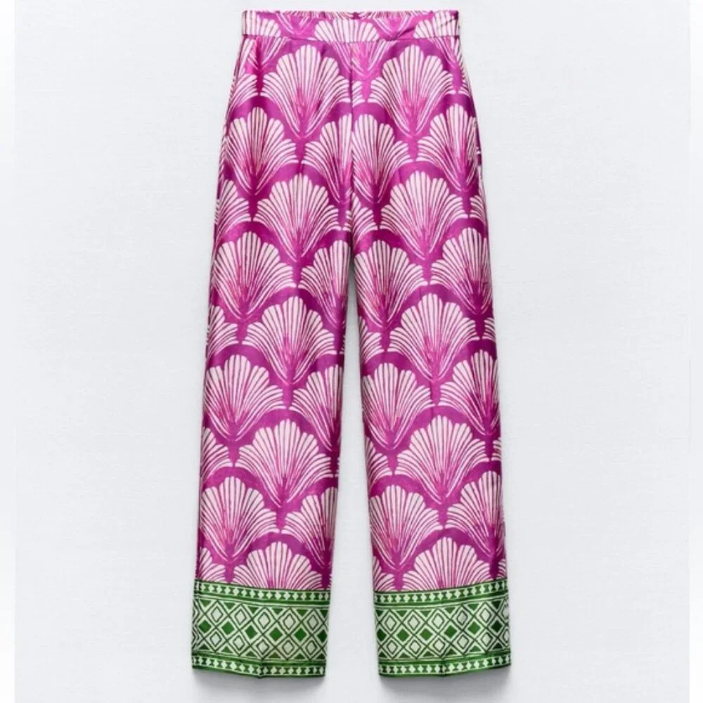 ZARA SATIN EFFECT PRINTED STRAIGHT LEG PANTS - Picture 2 of 3
